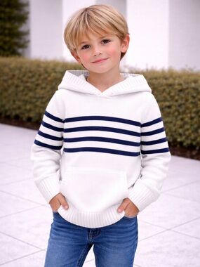 Janie and Jack White Hooded Sweater with Navy Stripes 100% cotton
